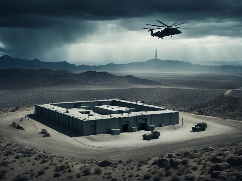 Area 51 building with helicopter flying above