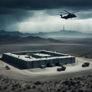 Area 51 building with helicopter flying above