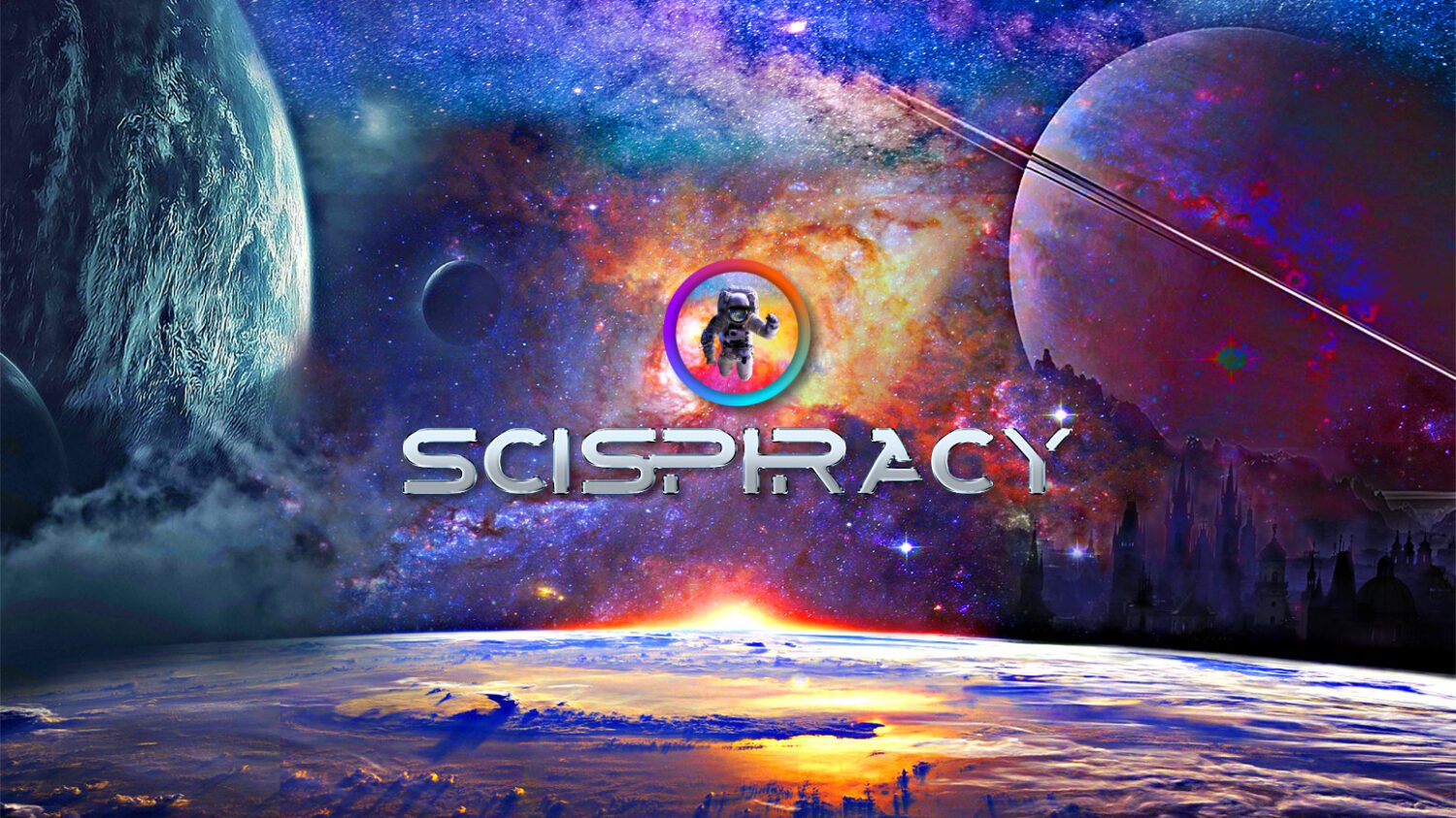 An astronaut in space floating above the word Scispiracy, with view of Earth below and two planets on both sides, with a colorful galaxy in the background.