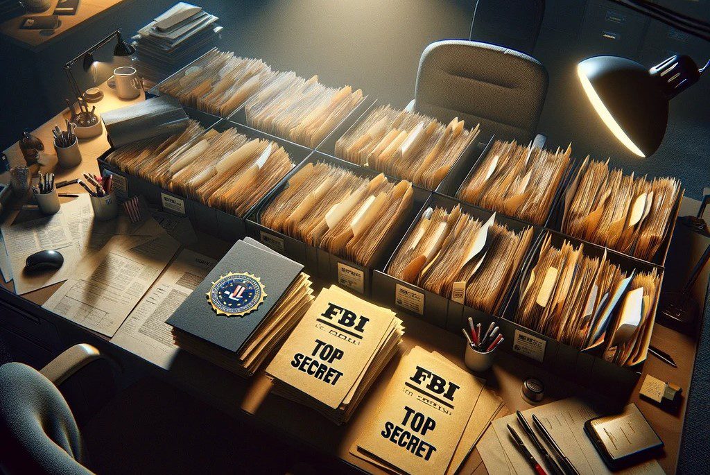 folders with the words 'top secret' shot from above inside an FBI office