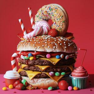 Obesity epidemic in America - burgers, cake, milkshakes, soda, cupcakes, donuts