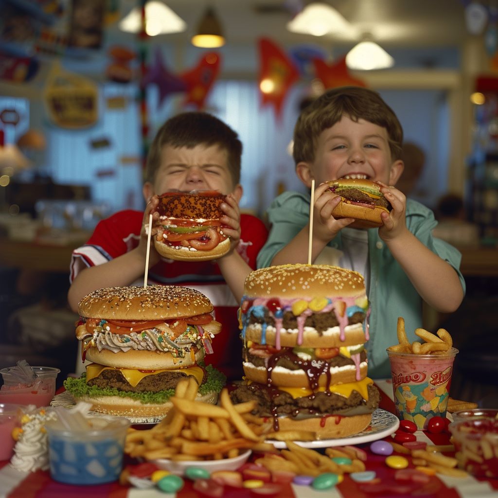 Obesity epidemic in America - obese kids eating massive burgers, colorful cake, milkshakes, soda, fries, excited, happy
