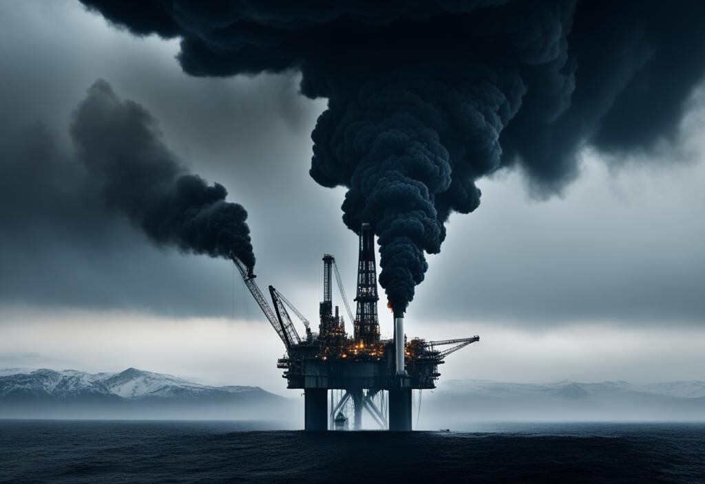 A dark and ominous oil rig towering over a small, vulnerable Earth. Thick black smoke billowing from the rig, creating a haze over the planet.