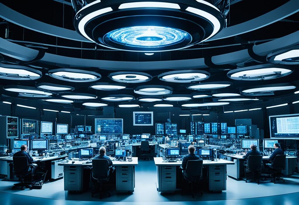A dark, shadowy government facility crammed with high-tech equipment and machinery, with flashing screens and glowing indicators indicating that the research is highly classified.