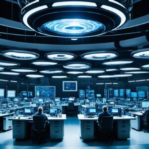 A dark, shadowy government facility crammed with high-tech equipment and machinery, with flashing screens and glowing indicators indicating that the research is highly classified.